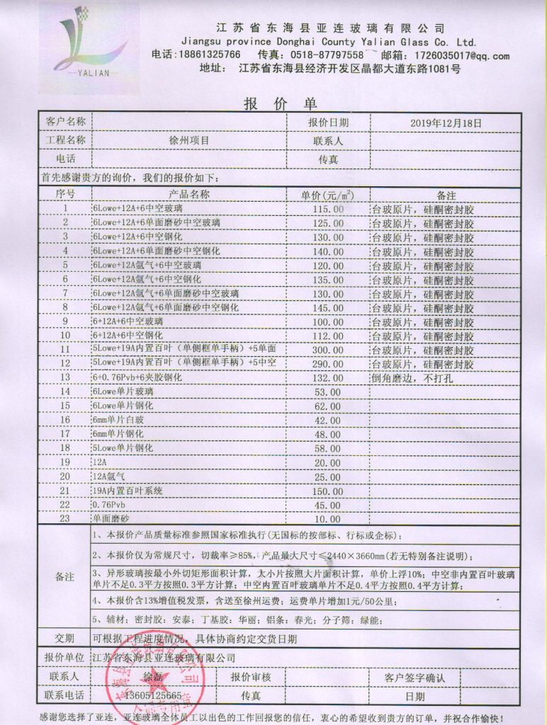 2019.12月徐州门窗厂询价